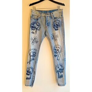 MNML 32x32 Men's Light Wash Skinny Jeans Skull Embroidery Ankle Zip‎ Rare Street